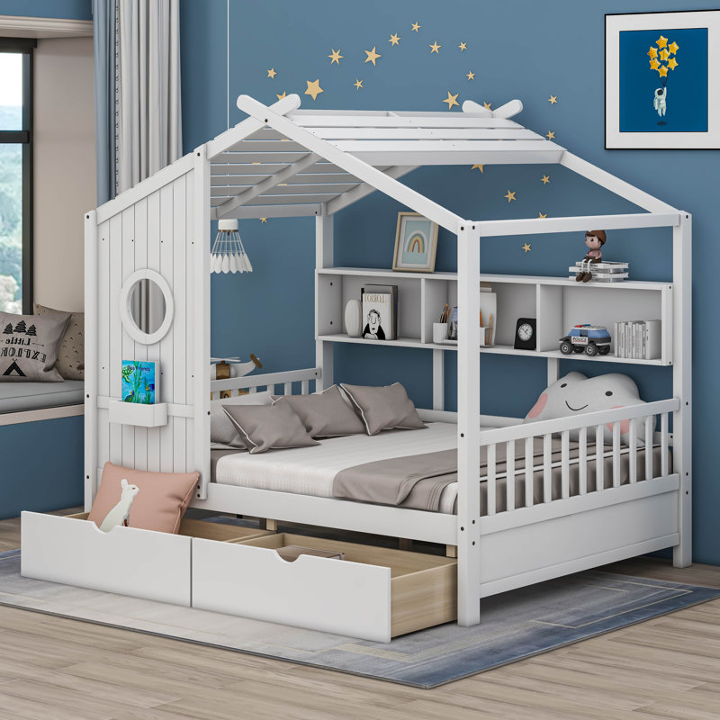 Lit maison en bois Lompico, Blanc, Double