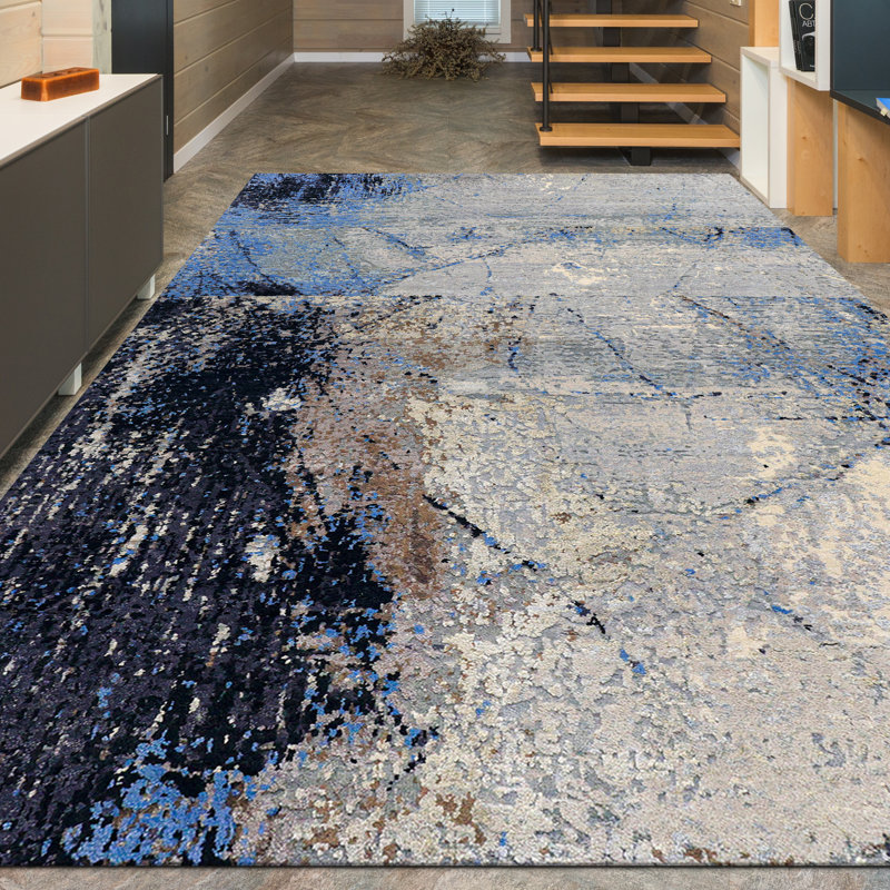 Hand Knotted Abstract Area Rug in Gray/Black/Gold