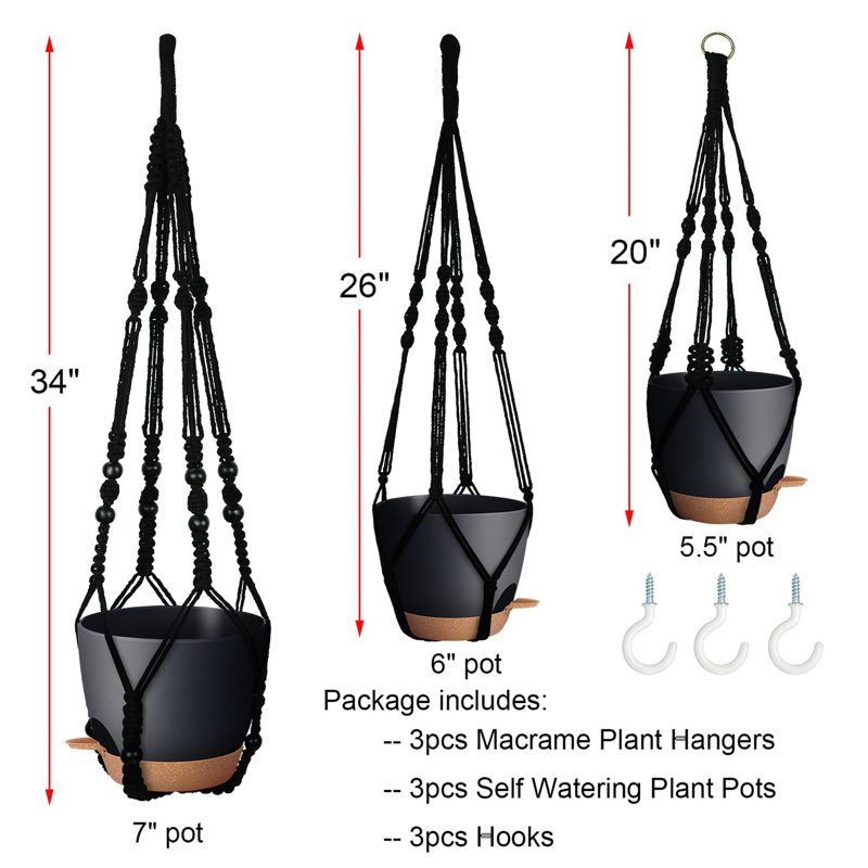 Plant Hangers with Pots and Saucers, Black