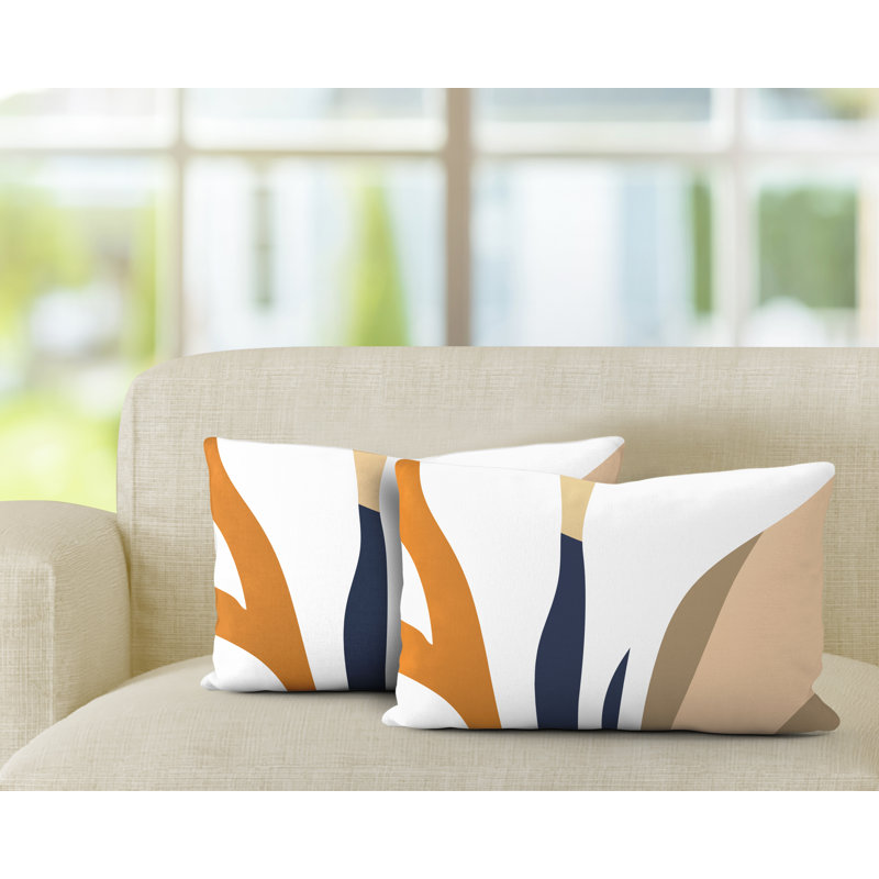 Polyester Lumbar Rectangular Indoor/Outdoor Pillow Cover & Insert, Orange/Navy Blue/Beige