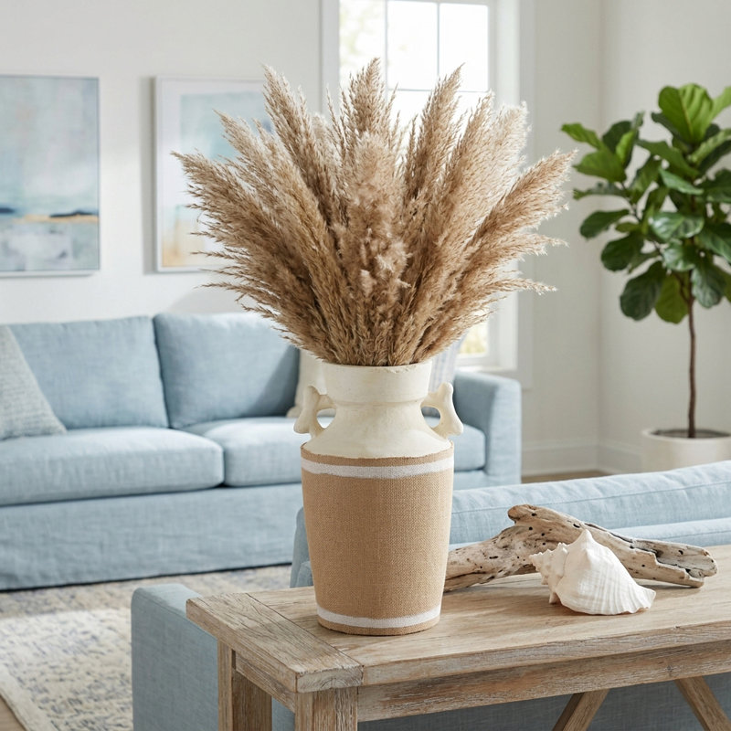 Textured Amphora Woven Terracotta Pottery Tall Vase for Console Table - Minimalist Flower Vase for Home Decor Styling - Ivory & Brown