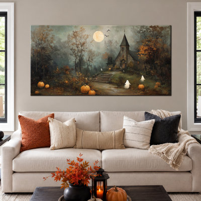 Décoration murale d'automne et d'Halloween, tableaux d'Halloween, toile murale d'Halloween, couleurs gothiques, style rustique automnal, décoration pour salon ou entrée, 76 x 152 cm