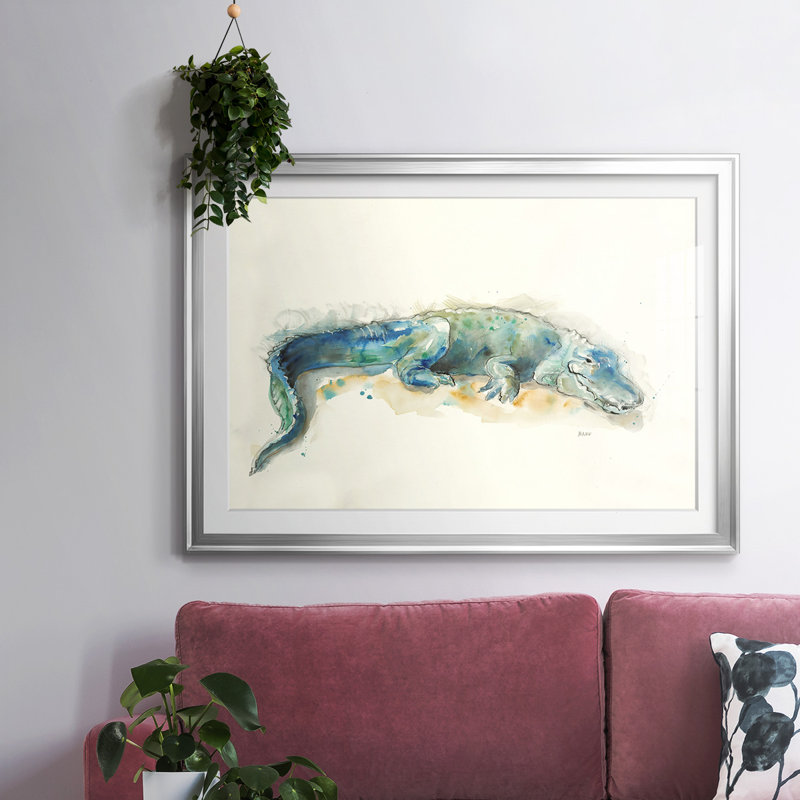 Alligator encadré sur papier, Argent, H 27 po x l 39 po x P 1,5 po