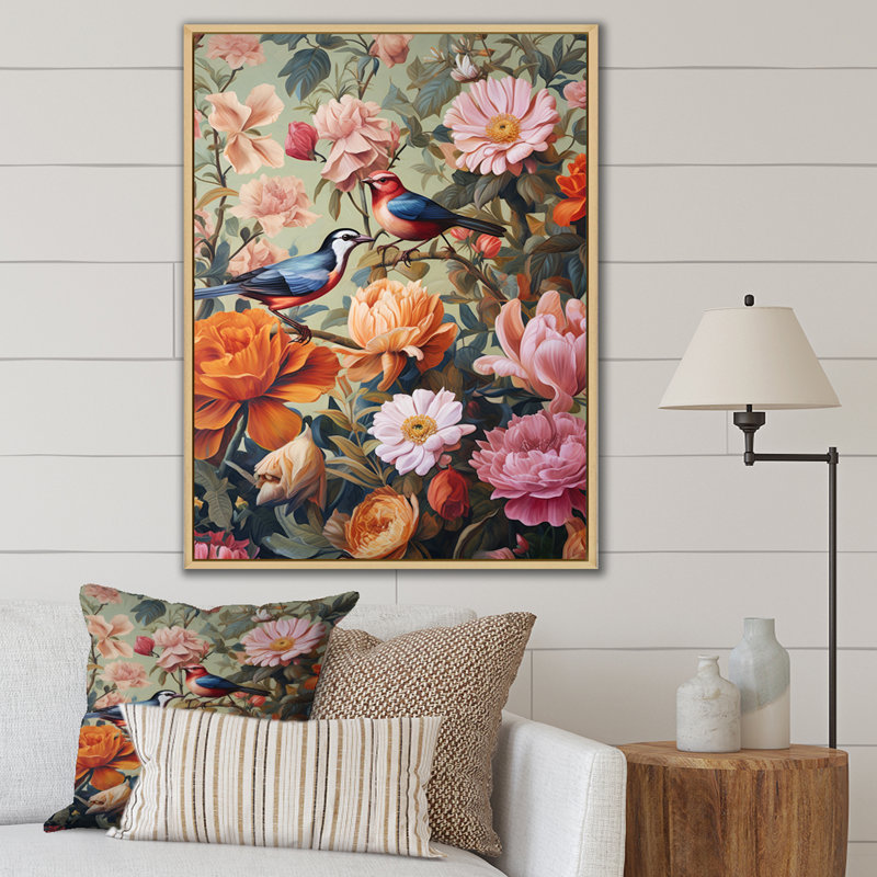 Peinture d'oiseaux tropicaux au paradis, H 32 po x l 16 po x P 1 po, Cadre naturel flottant
