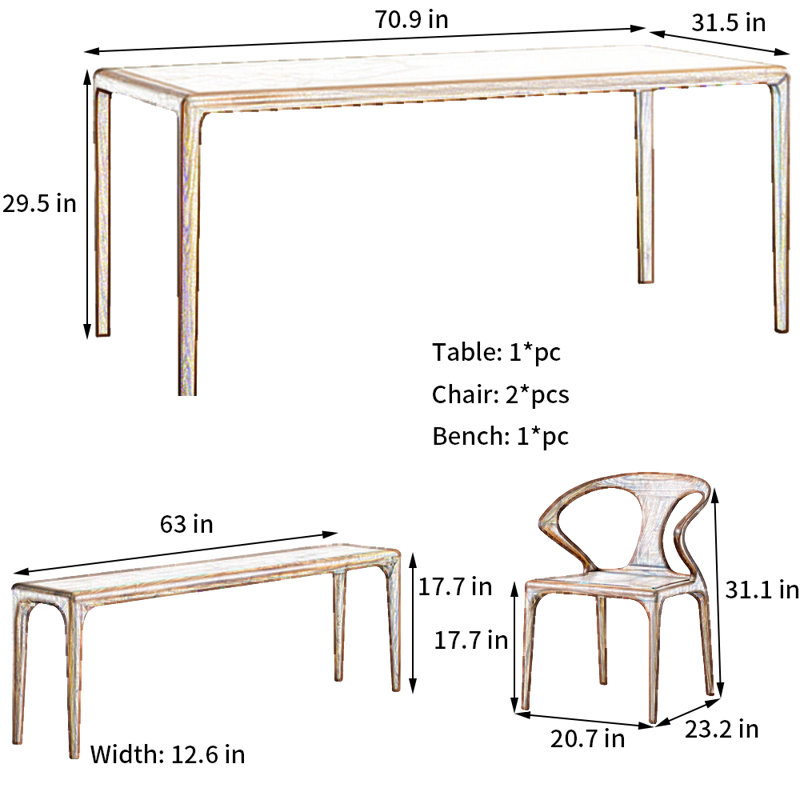 Ensemble de table de salle à manger en noyer noir, H 29,5 po x L 70,9 po x l 31,5 po