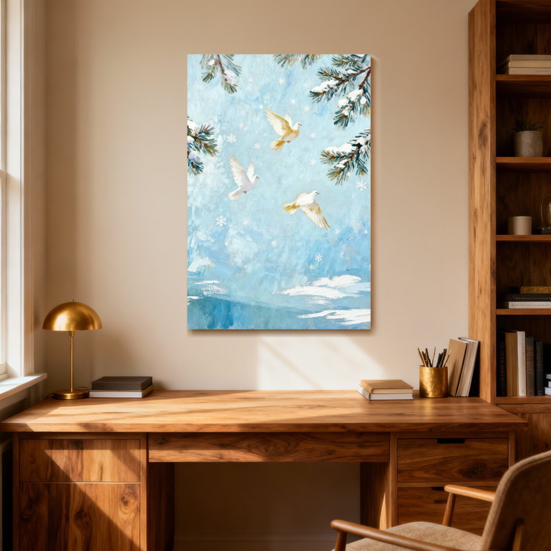 Animals Winter Sky Doves Snowflakes Pine Branches