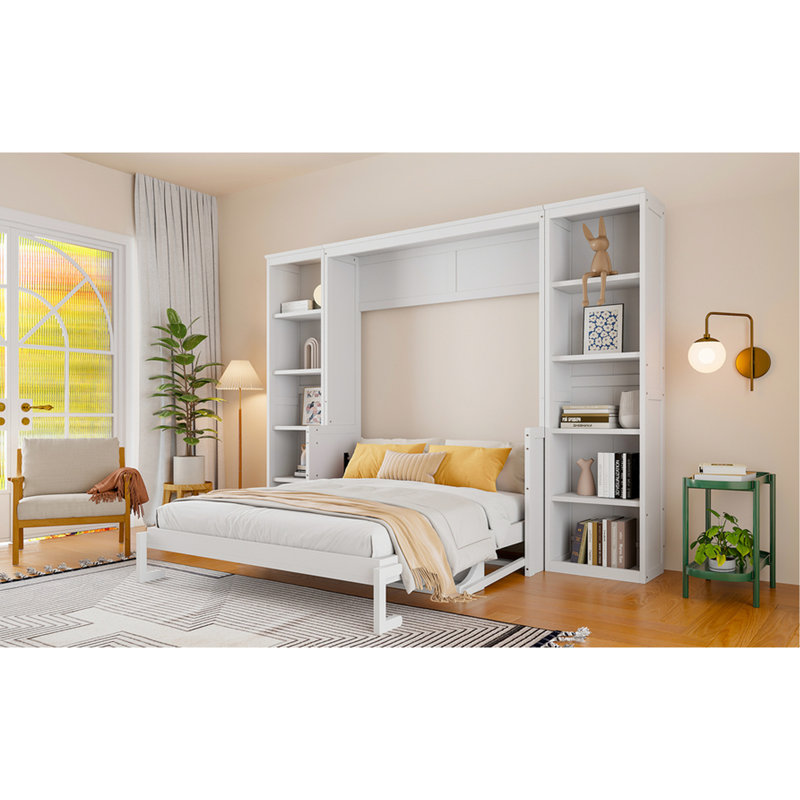 Grand lit blanc avec bureau et bibliothèque - structure en bois de pin. Mobilier de chambre à coucher peu encombrant. Pas de boîte à ressorts. Vaste espace de rangement. Grande tablette pliable pour la gestion, Fervent &