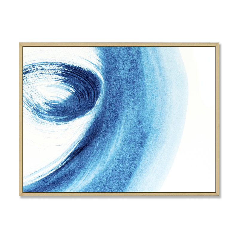 Coups de pinceau bleus sur blanc - peinture sur toile, H 30 po x l 40 po, Cadre flottant en érable