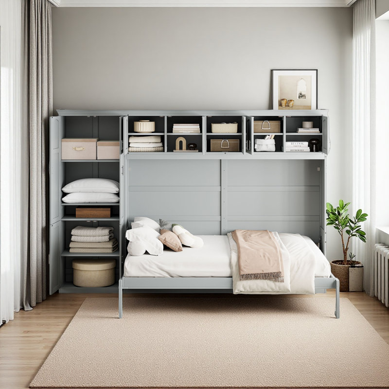 Grand lit escamotable mural avec armoires, Gris