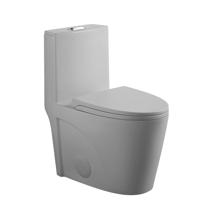 Une toilette avec double chasse d'eau 001. Siège à fermeture en douceur 1,1 / 1,6. Eau, bol allongé. Hauteur, en céramique grise Chasse, hauteur. Pour la catégorisation