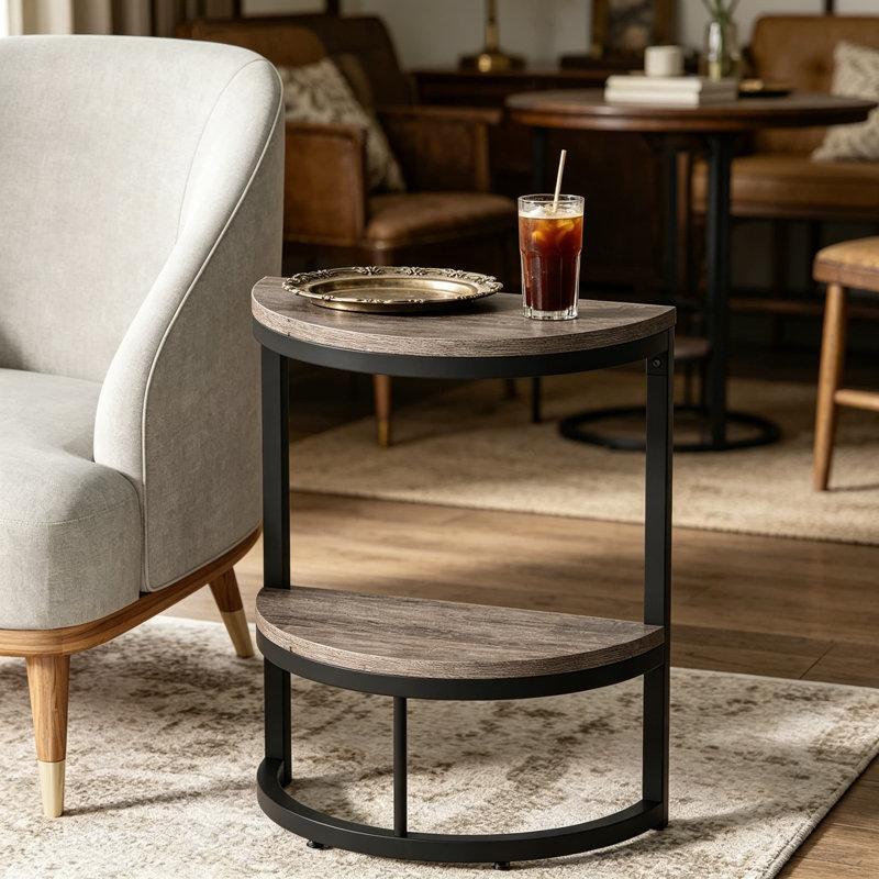 Table de bout semi-circulaire à 2 niveaux, petite table d'appoint demi-ronde avec étagère de rangement, table d'appoint en C mince pour canapé, salon, chambre à coucher, assemblage facile, gris rustique et noir