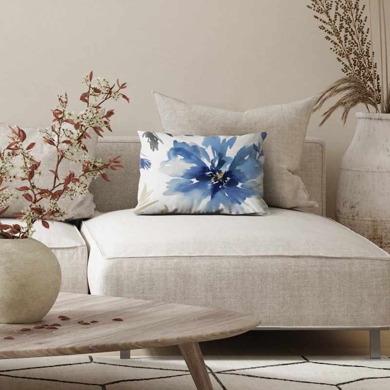 Floral Throw Pillow with Premium Polyester, White/Indigo, Rectangle 20"H x 14"W