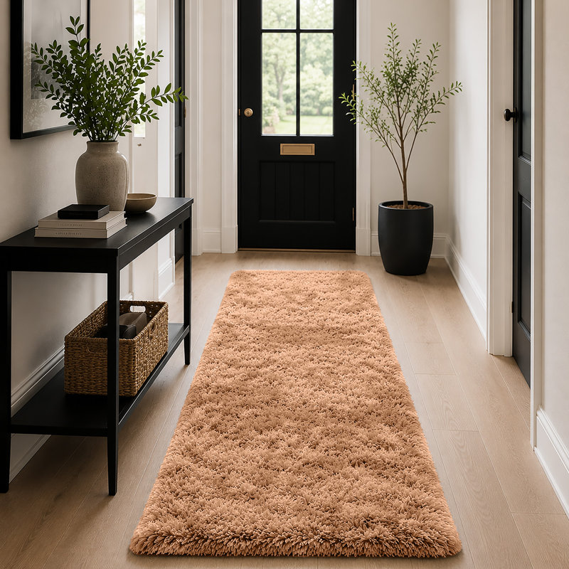 Luxury Plush Shaggy Area Rug & Runner, Soft Deep-Pile Non-Slip Living Room Carpet, Tye Dye Beige, Runner 60 x 110 cm