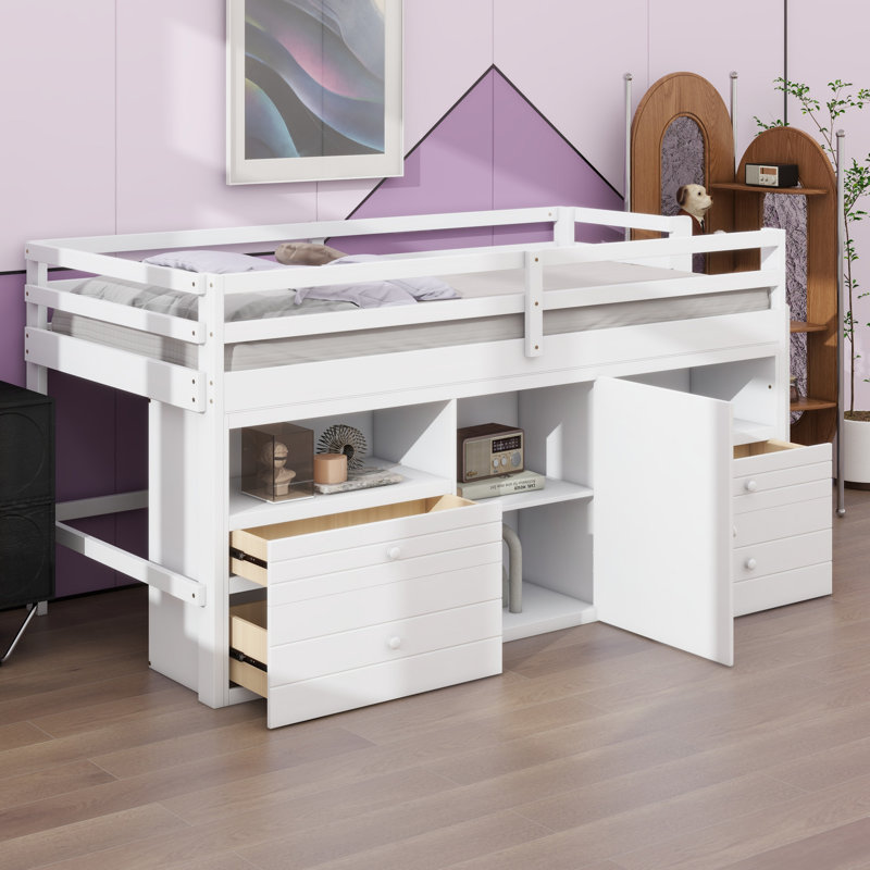 Lit mezzanine avec 4 tiroirs, sous l'armoire et les tablettes, Espresso
