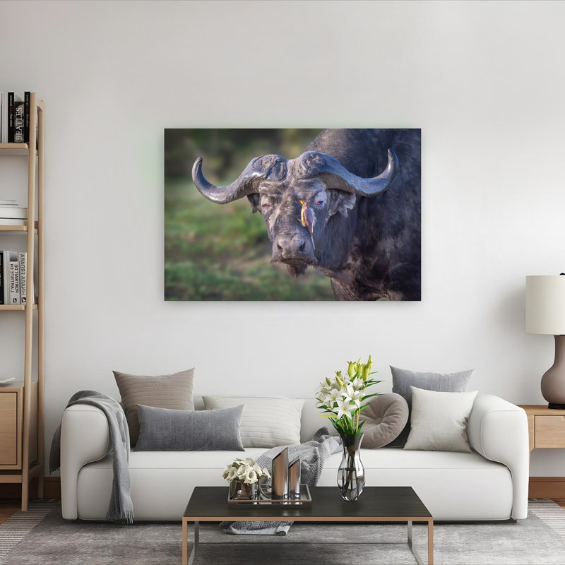 African Buffalo And Bird Contemporary Bird Buffalo Nature Portrait Wall Art Print by Jeffrey C. Sink - 1 Piece Wrapped Canvas Wall Art