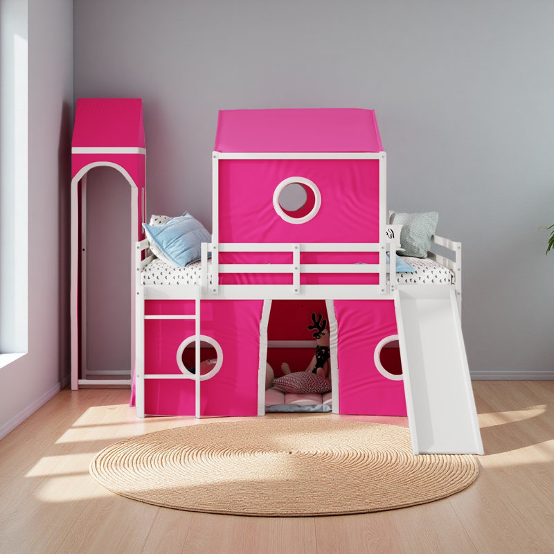 Full Size Loft Bed With Slide Tent And Tower, Full, Pink
