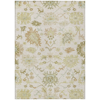 Tapis extérieur lavable floral vert ivoire et brun clair 5 pi x 8 pi