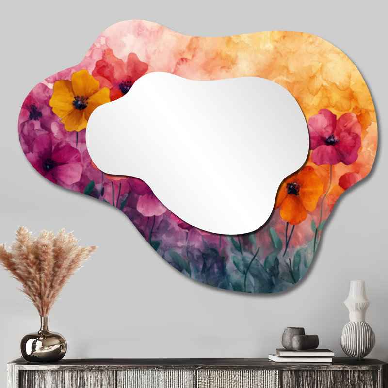 Fleurs vives aux couleurs vives, art moderne I - miroir asymétrique irrégulier Wildflowers, miroir mural traditionnel, imprimé sur métal