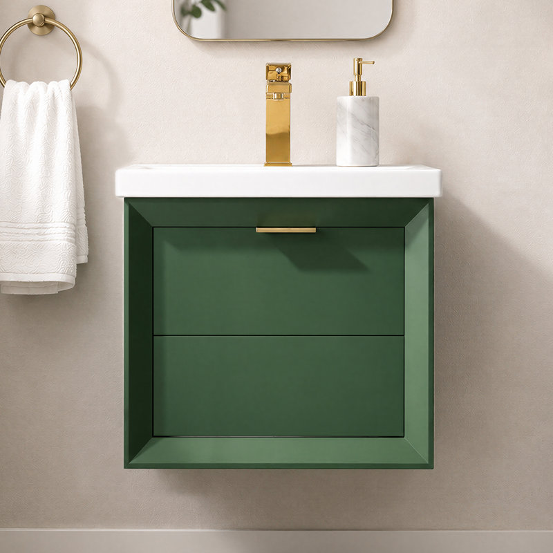Draven 24'' Modern Wall-Mounted Single Bathroom Vanity with Ceramic Top, Green, null