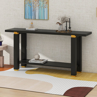 62.9" Modern Minimalist Console Table, Solid Pine Wood Entryway Sofa Table With Metal Accents, Open Storage Shelf