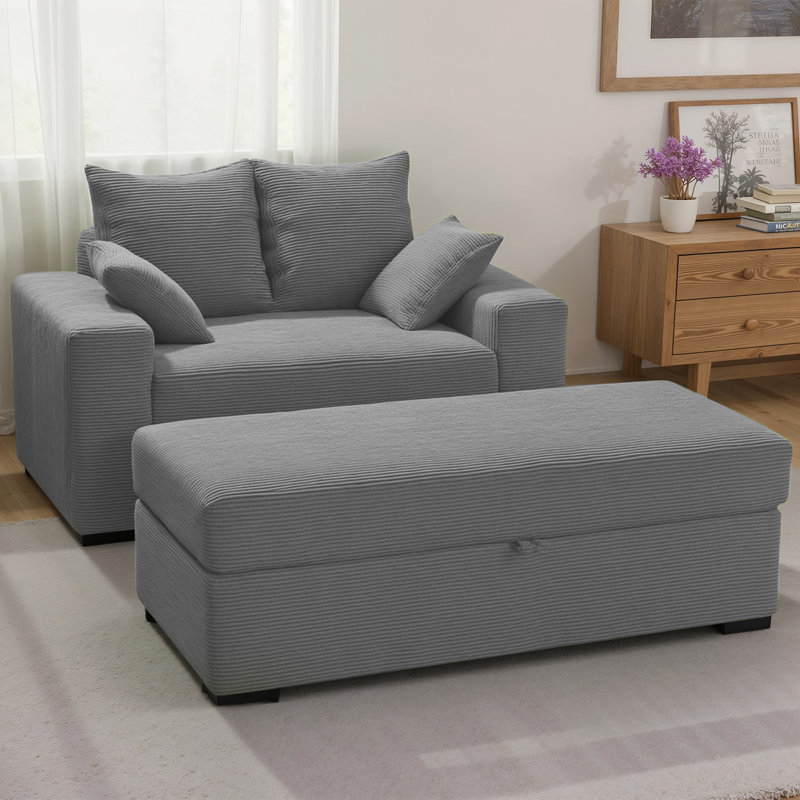 Chaise longue surdimensionnée 57 po en velours côtelé de luxe avec repose-pieds avec rangement, 2 coussins, Gris