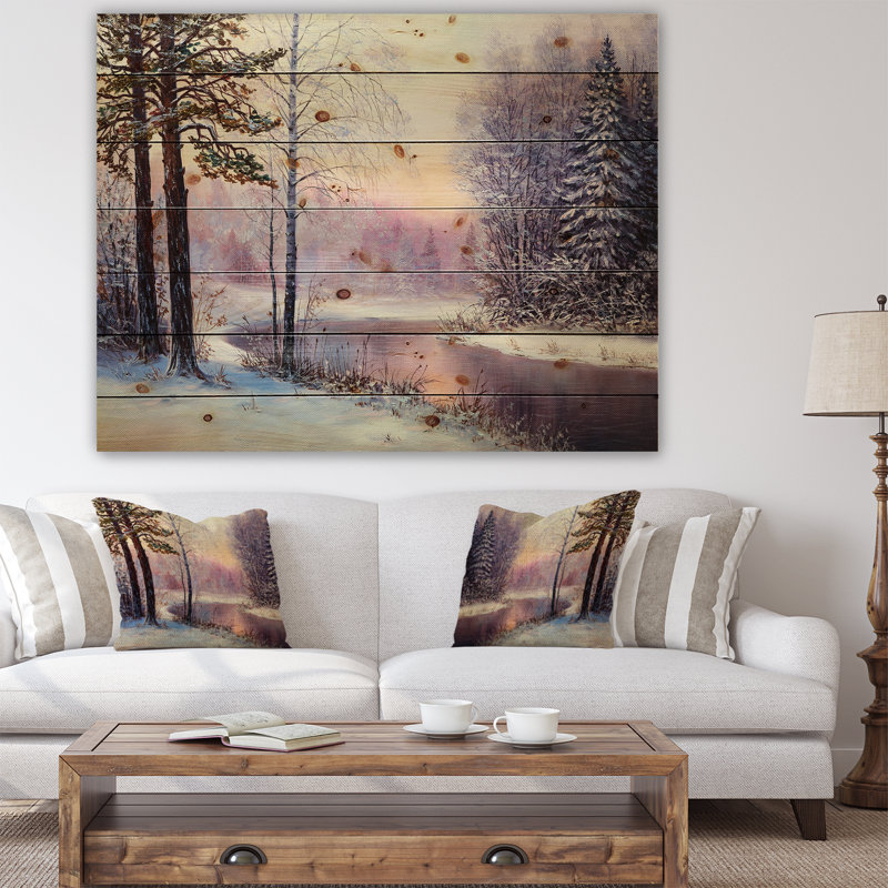 «River in Winter Landscape», peinture, H 46 po x l 36 po x P 1,5 po, Bois