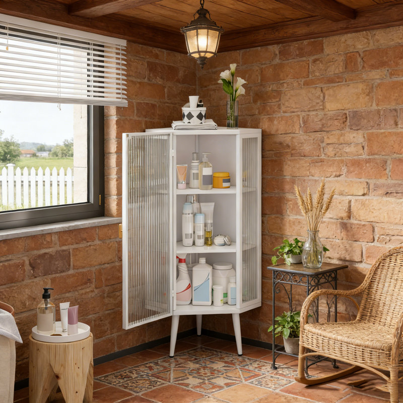 22.25'' Floor Coner Cabinet,Three Tiers with Tempered Glass Doors and Storage Shelves for Bathroom, Living Room and Bedroom