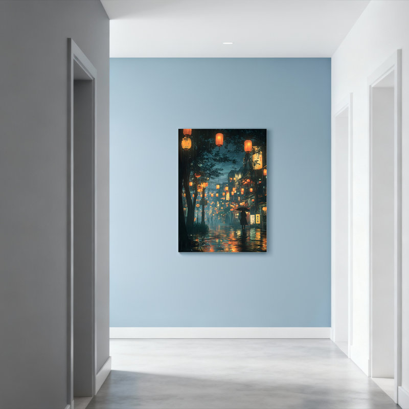 Ensemble de 1 tableau sur toile tendue représentant une scène nocturne de rue avec des lanternes japonaises
