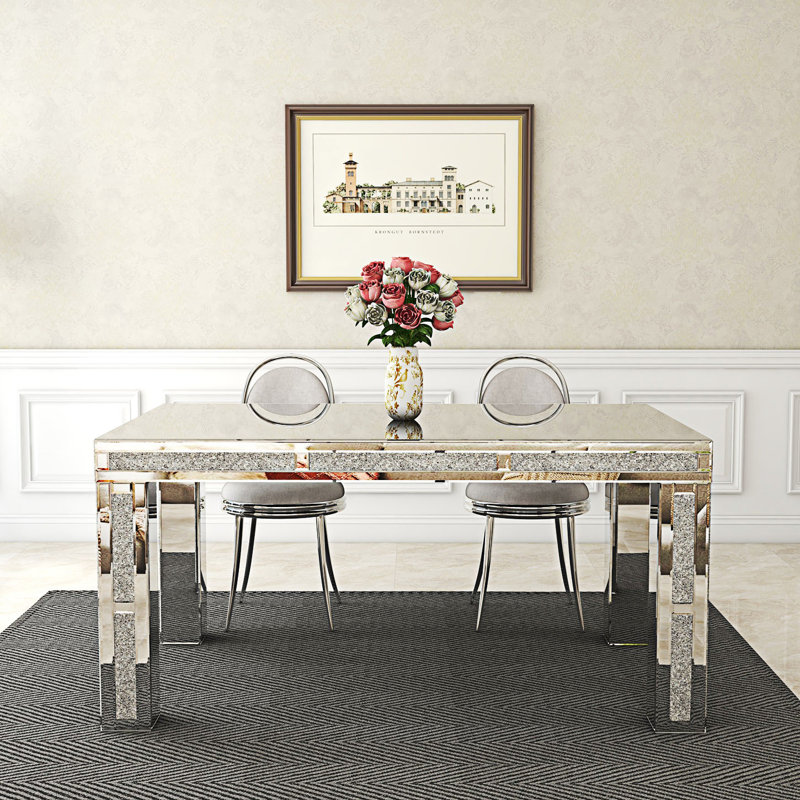 Table de salle à manger en verre à miroir avec 4 pieds et incrustation de diamant concassé