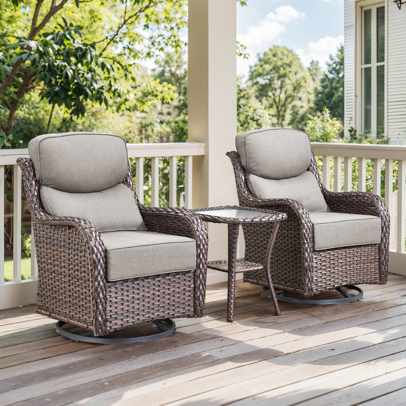 Wickes 3 Piece Patio Set Outdoor Wicker Glider Rocking And Swivel Chairs With Cushions, Brown, Gray