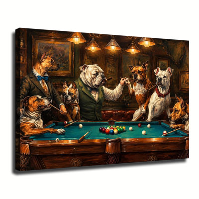 Dogs Playing Pool Vintage Bar Whimsical Animal Canvas Wall Art