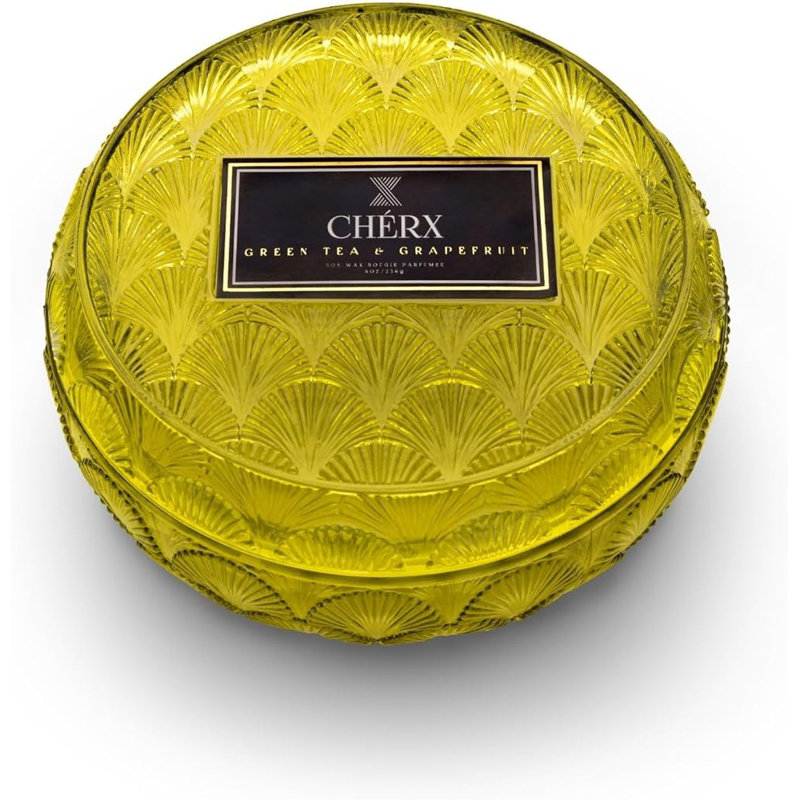 Bougie parfumée en pot avec support en verre, Vert jaune