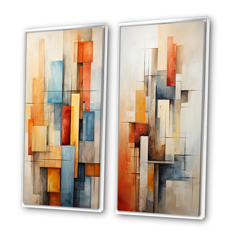 «Cubism Fragmented Perspectives», 2 pièces sur toile, Cadre blanc, H 20 po x l 24 po