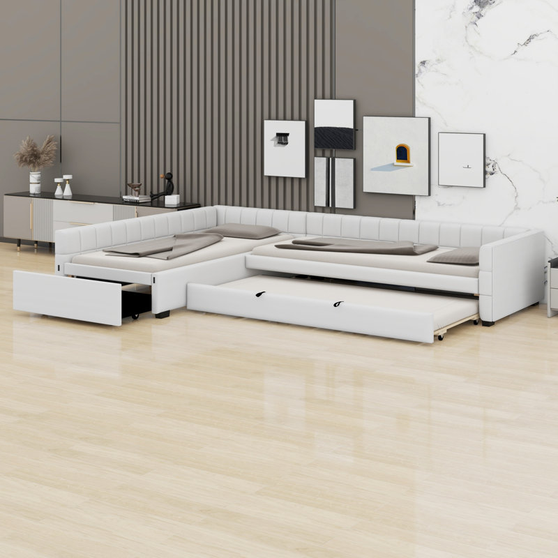 Lit de jour rembourré moderne en L avec lit gigogne escamotable et tiroir de rangement, Beige