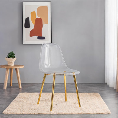 Chaise d'appoint en plastique transparent, ensemble de 6 sièges de salle à manger sans accoudoirs avec pieds en métal doré, design transparent moderne pour la cuisine ou la salle à manger