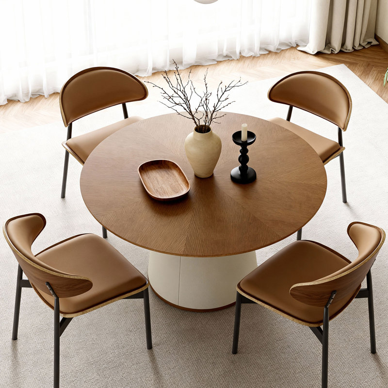 59 Inch Round Dining Table With Genuine Leather Base Parquet Craft Top For Dining Room, Modern Luxury Table