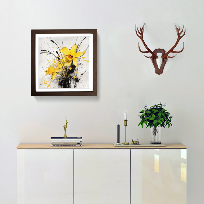 Daffodil Splatter - Single Picture Frame Print on Wood, Walnut