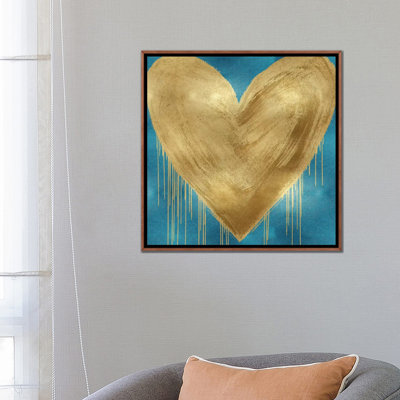 Impression d’art graphique, "large cœur Gold on Aqua" par Lindsay Rodgers