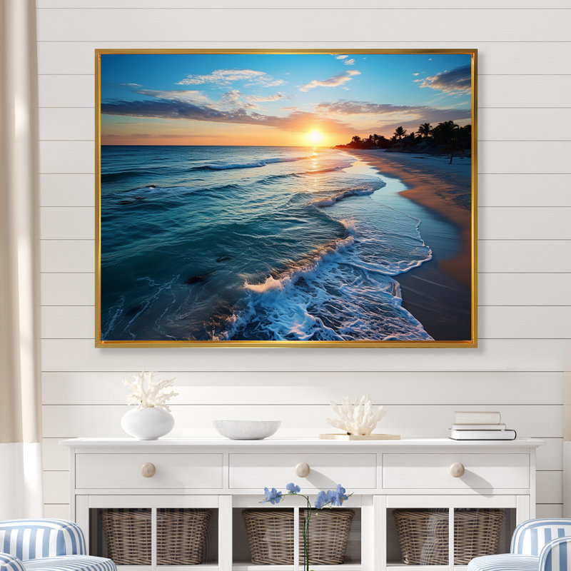Tranquil Shores Sunset Beach Horizon I - art mural plage, H 34 po x l 44 po x P 1,5 po, Cadre flottant doré