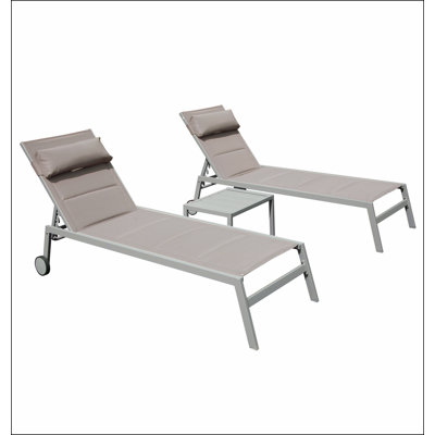 Outdoor Patio Chaise Lounge Set of 3, Aluminum Pool Lounge Chairs with Side Table and Wheels, Textilene Padded Adjustable Recliner All Weather for Poo