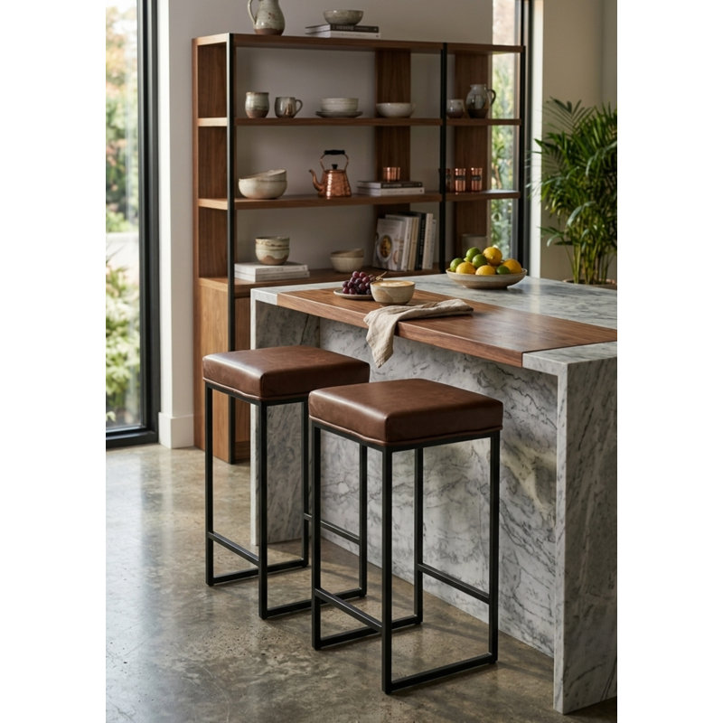 Tabouret de bar grand avec cuir brun, Brown Seat/Black Frame