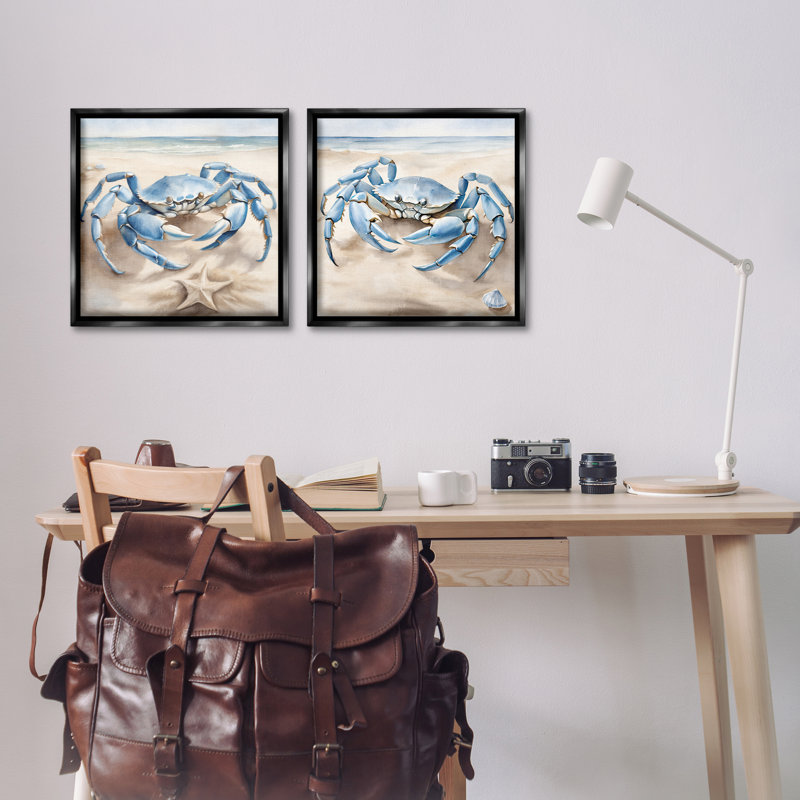 «Nautical Blue Crabs Beach», ensemble de 2 toiles flottantes encadrées par Kim Allen, Cadre flottant noir de jais
