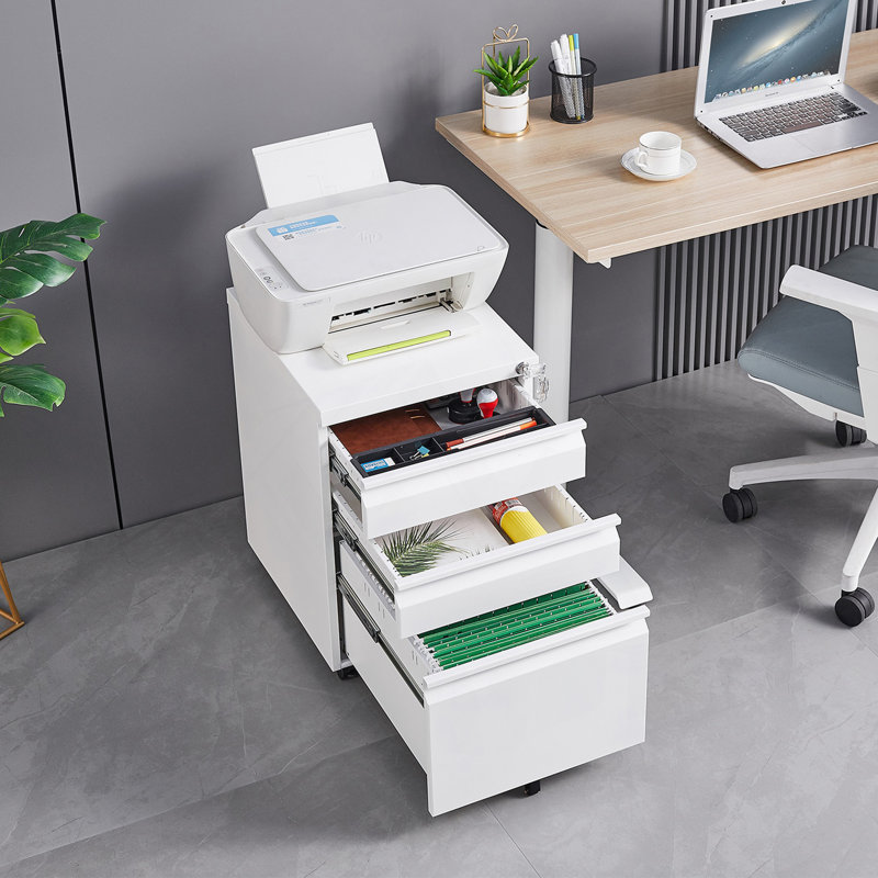 Stylish 3-Drawer Mobile Filing Cabinet With Lock, White