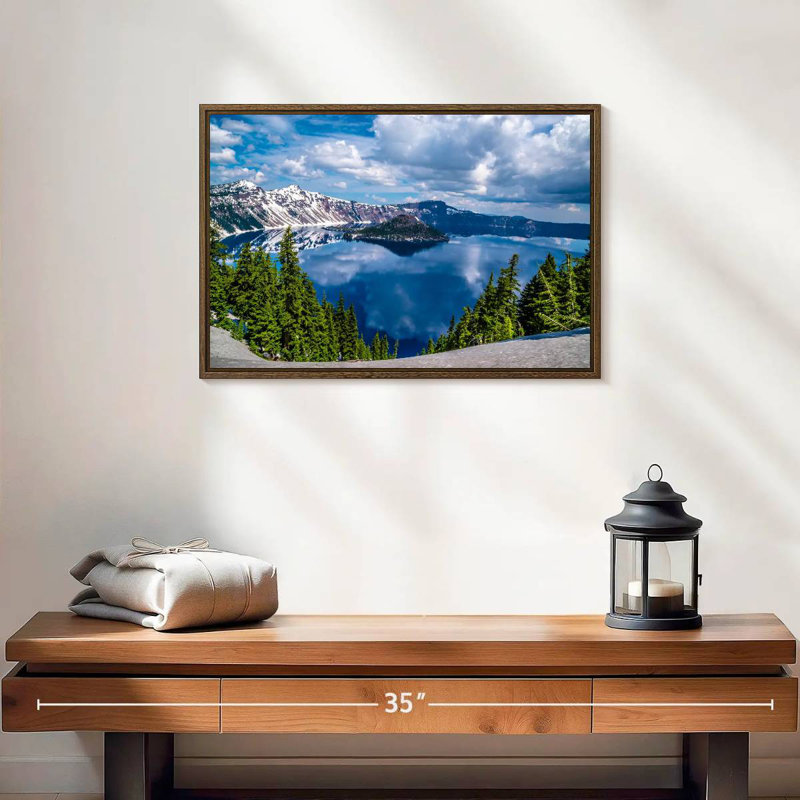 Point de vue du lac Crater, 19 po x 13 po, Cadre flottant noyer