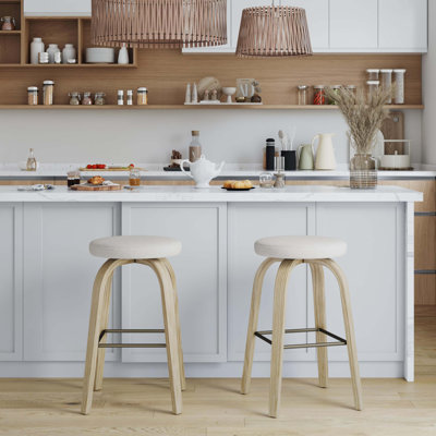 Ensemble de 2 tabourets pivotants, tabouret de bar sans dossier de 30 po de hauteur, siège rembourré en tissu, pieds robustes en bois et repose-pieds en métal, tabourets insulaires modernes de style Mid-Century pour bars, restaurants
