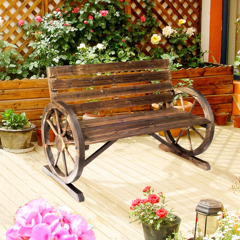 41" Rustic Bench, Wooden For Patio, Weather-, 2 Seat With And Wagon Wheel , Long-Lasting Construction, Brown Patio Furniture , Solid Wood,