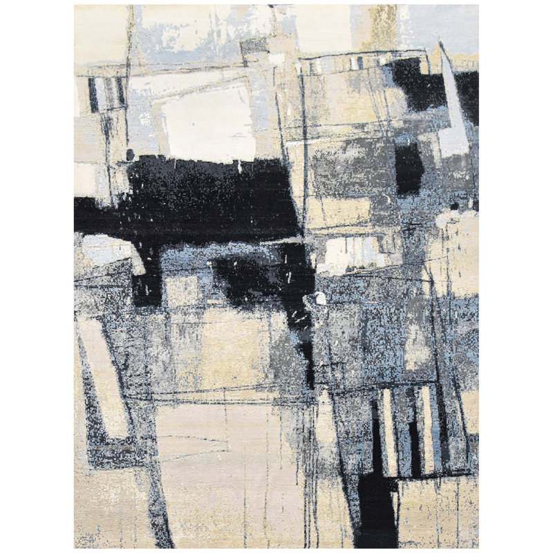 Hand Woven Silk and Wool Abstract Area Rug, Rectangle 9' x 12'