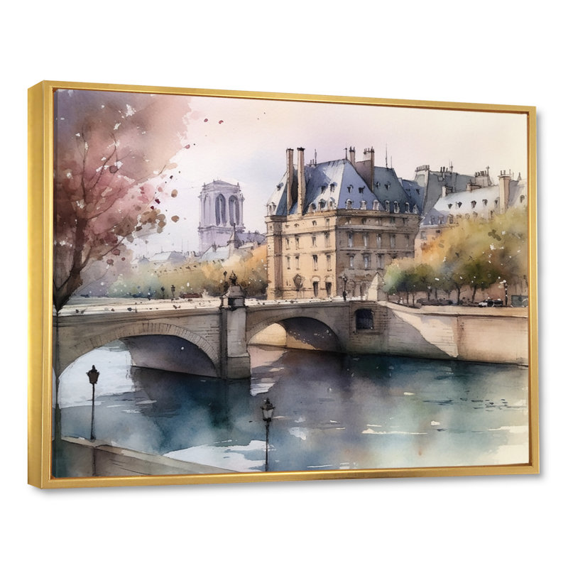 Aquarelle de Paris, France IV - reproduction, H 12 po x l 20 po x P 1 po, Cadre flottant doré