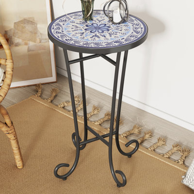 Table d'appoint de patio avec plateau en céramique résistant aux intempéries - couleur bleu + noir, pieds stables pour un aspect patiné inégal et élégant
