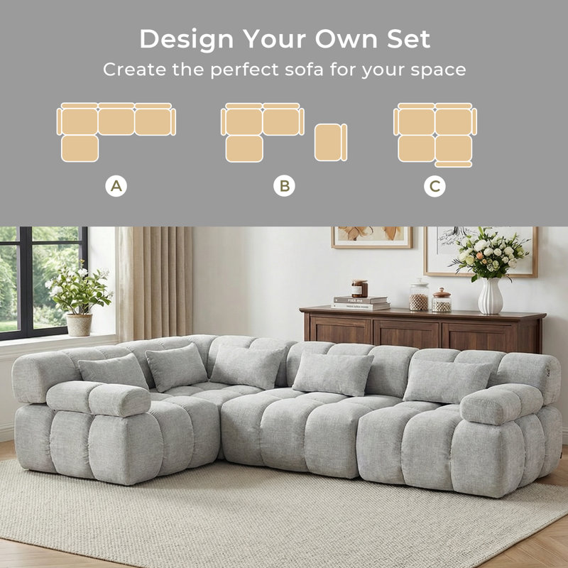 Boneless 113.8" Modular Chenille Upholstered Sectional Sofa, 4-Seater L-Shaped Reversible sofa, No Assembly Required